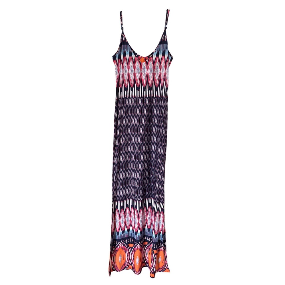 White Mark Women XL Navy Pink Ikat Geometric V-Neck Spaghetti Strap Maxi Dress